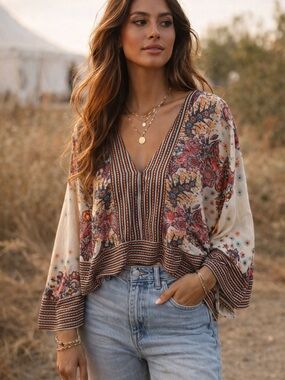 Free People Boho Floral Western Blouse